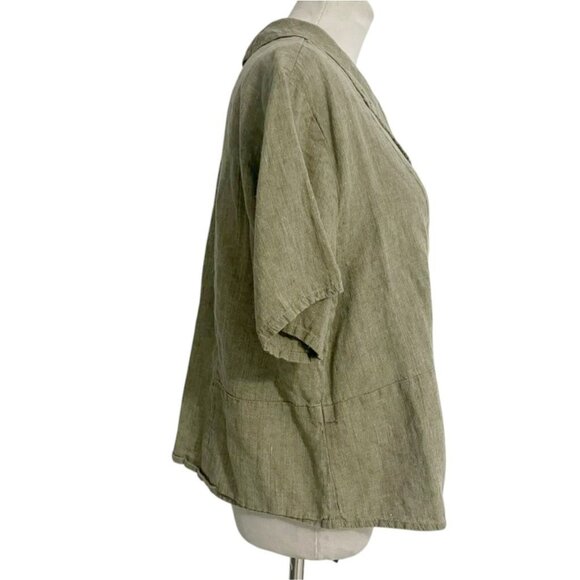 FLAX Size Medium Top Blouse Button Down Linen Short Sleeve Boho Lagenlook - Picture 3 of 6